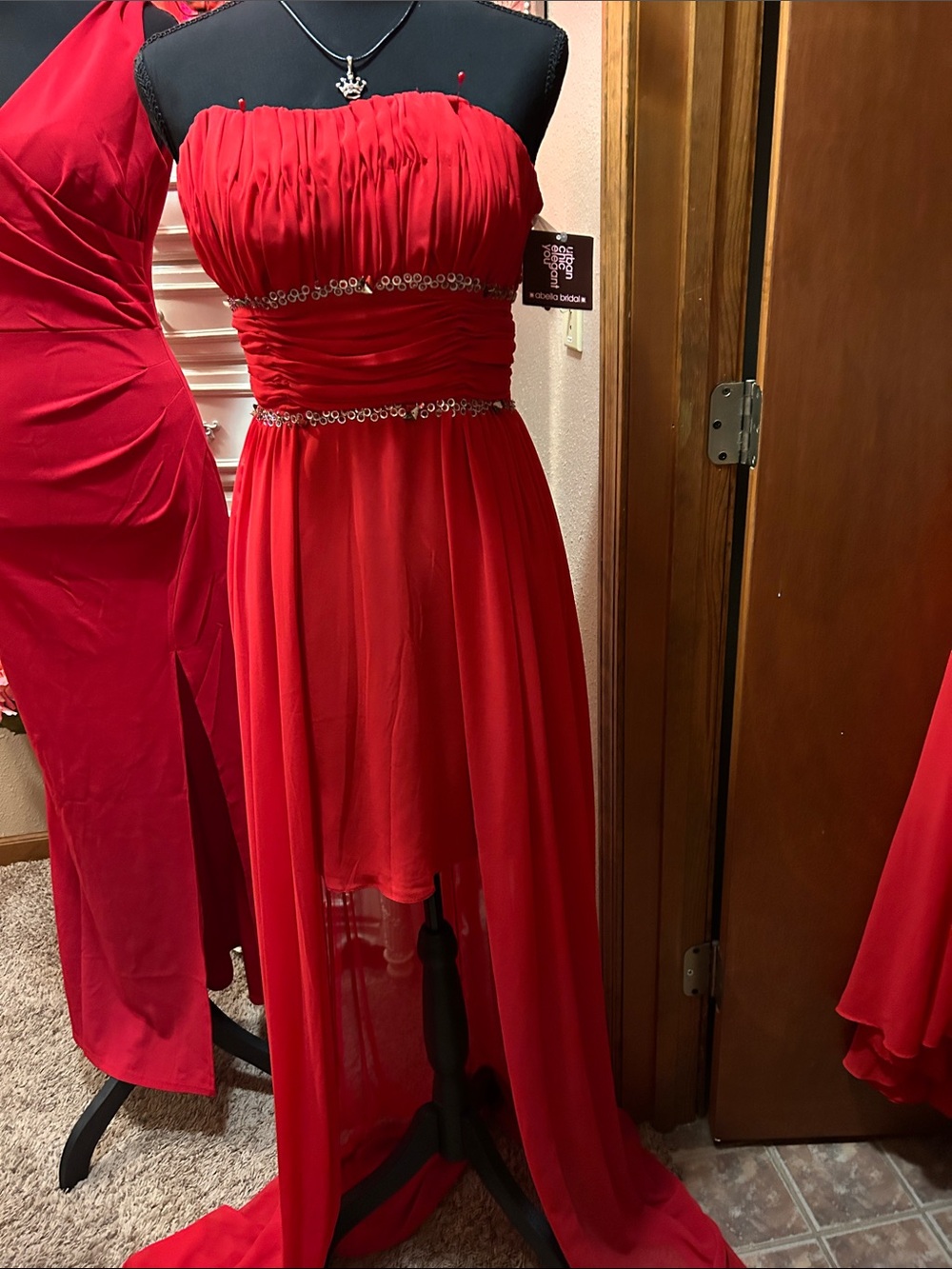Red Strapless Hi-Low Prom Dress with Beaded Waistband